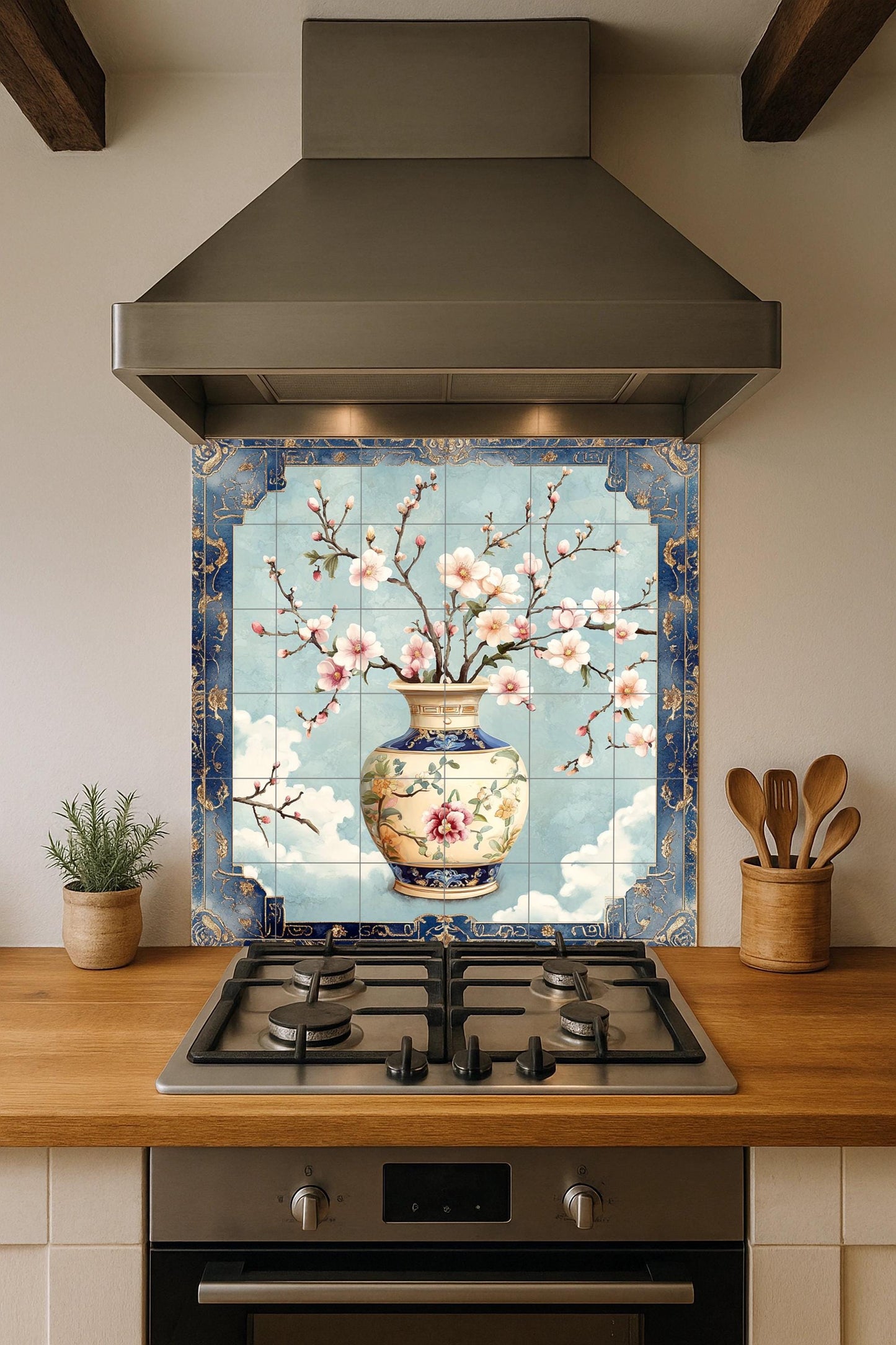 Luxury ceramic mural with porcelain flowers: elegant blue and gold vase, a sophisticated oriental tile panel for refined interiors.