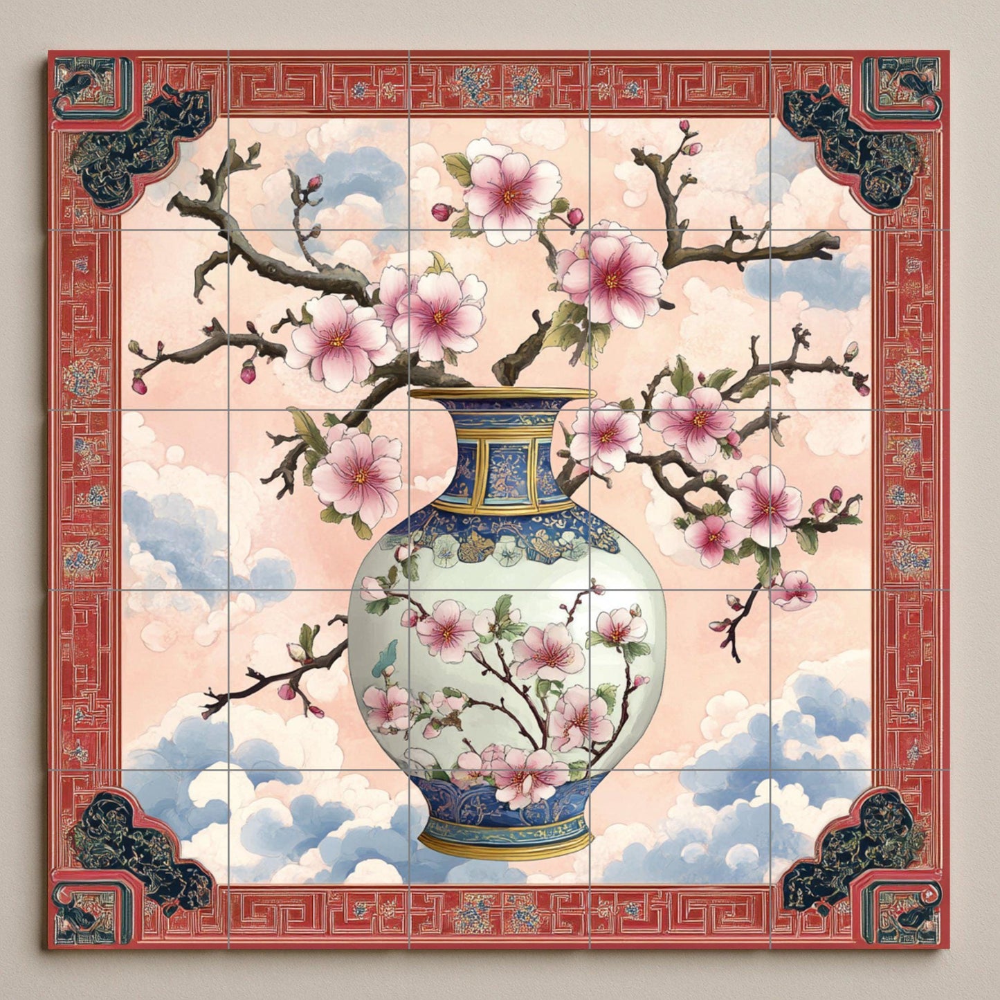 Ceramic mural with Chinese porcelain vase: Plum blossom wall art with oriental borders, inspired by the traditions of Jingdezhen, Suzhou and Hangzhou.