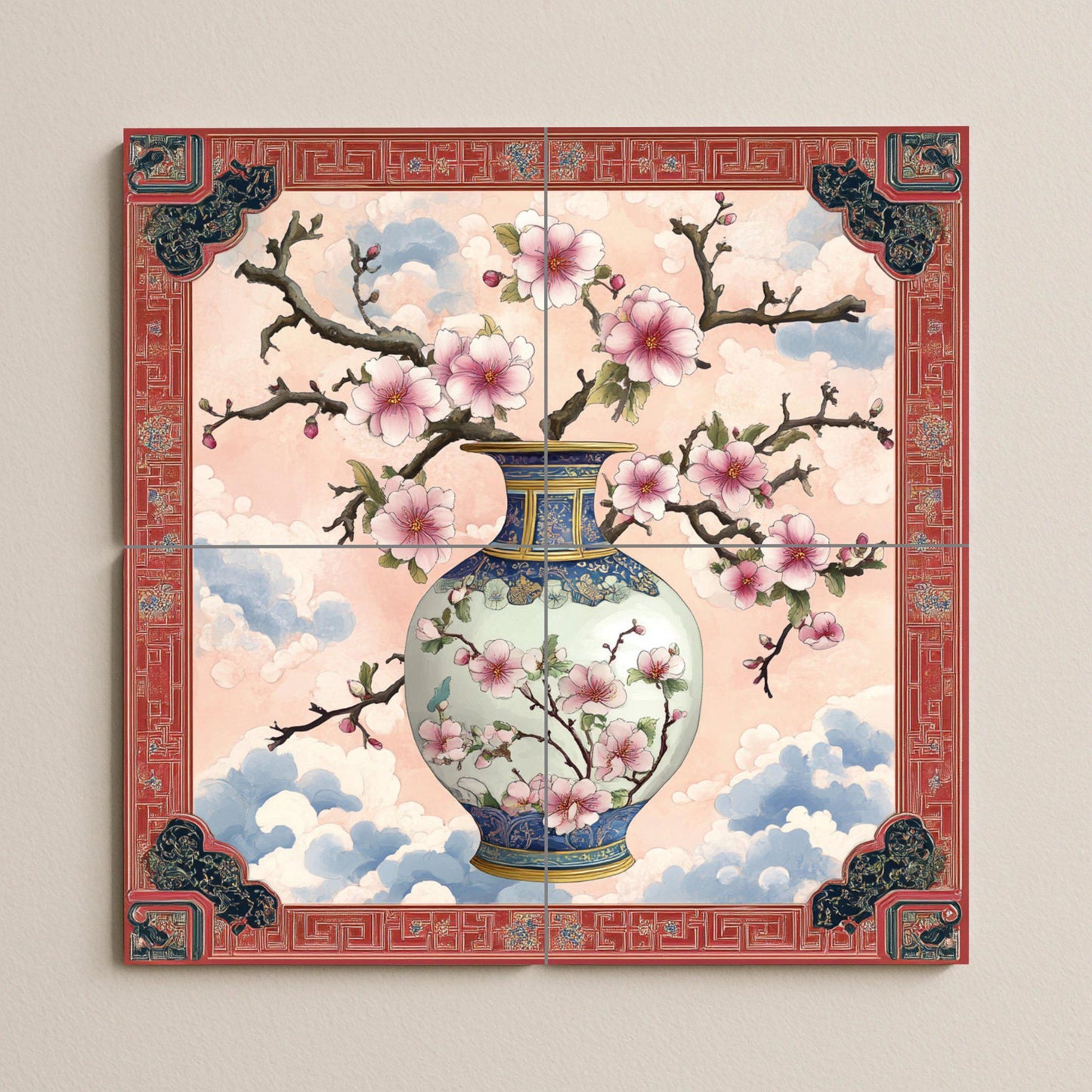 Ceramic mural with Chinese porcelain vase: Plum blossom wall art with oriental borders, inspired by the traditions of Jingdezhen, Suzhou and Hangzhou.