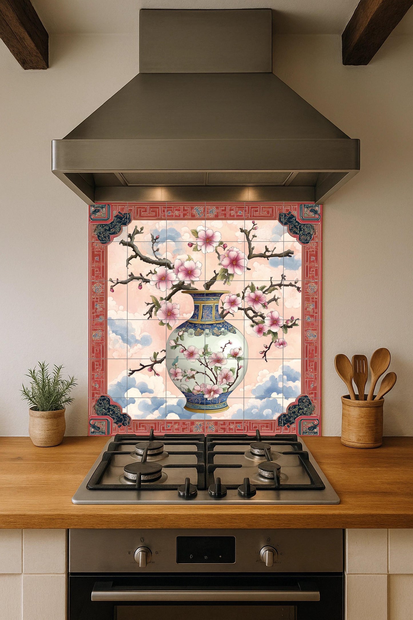 Ceramic mural with Chinese porcelain vase: Plum blossom wall art with oriental borders, inspired by the traditions of Jingdezhen, Suzhou and Hangzhou.