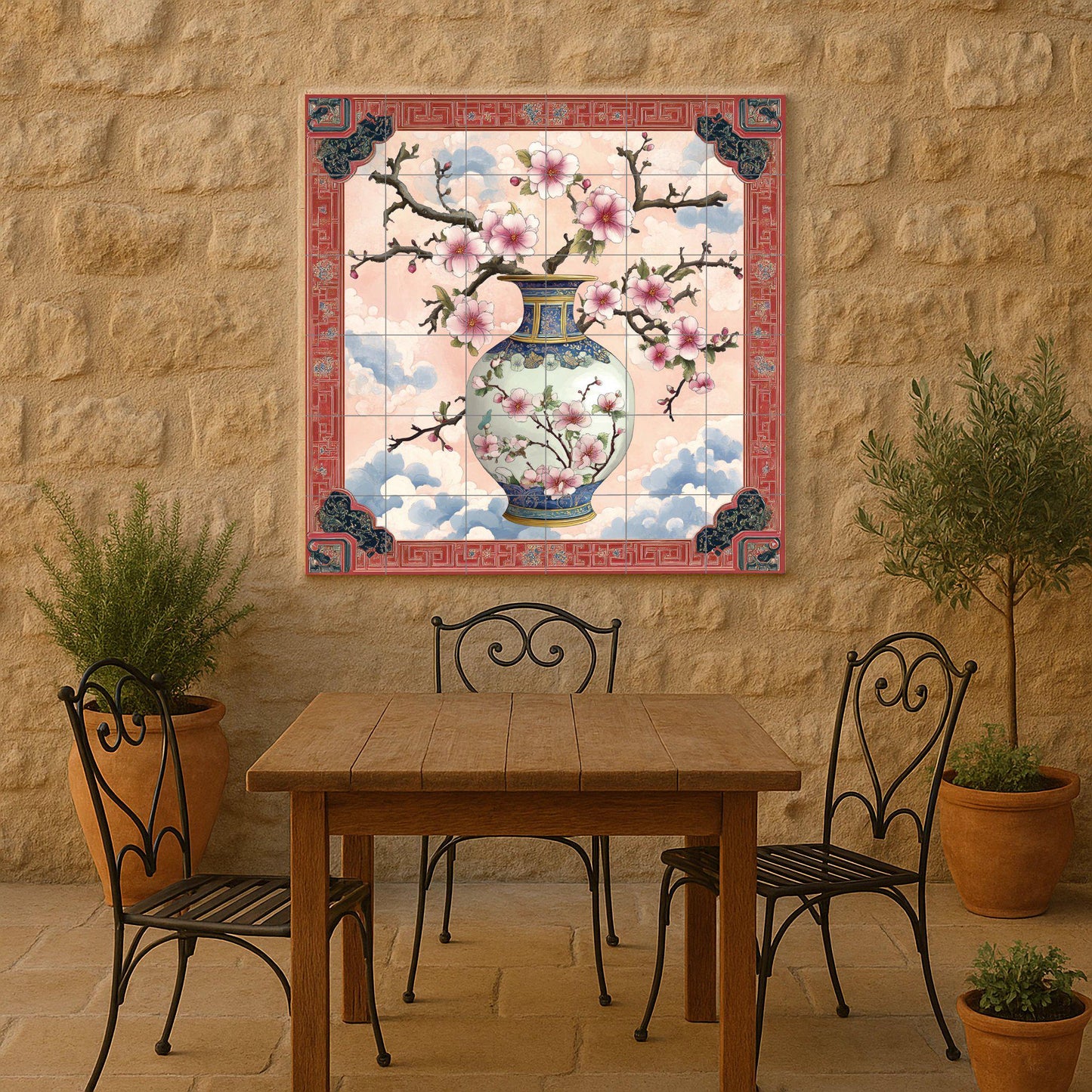 Ceramic mural with Chinese porcelain vase: Plum blossom wall art with oriental borders, inspired by the traditions of Jingdezhen, Suzhou and Hangzhou.