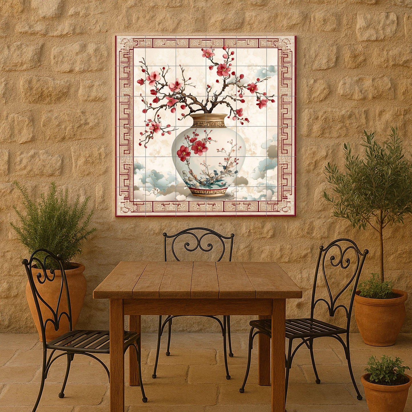 Oriental plum blossom ceramic mural: Chinese porcelain vase with floral motifs, decorative cloud border, elegant handcrafted tile art.