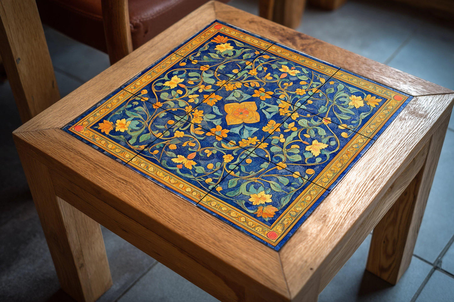 Georgian cloisonné ceramic mural: gold floral design on deep blue, enamel-inspired decorative panel, traditional tile wall art.