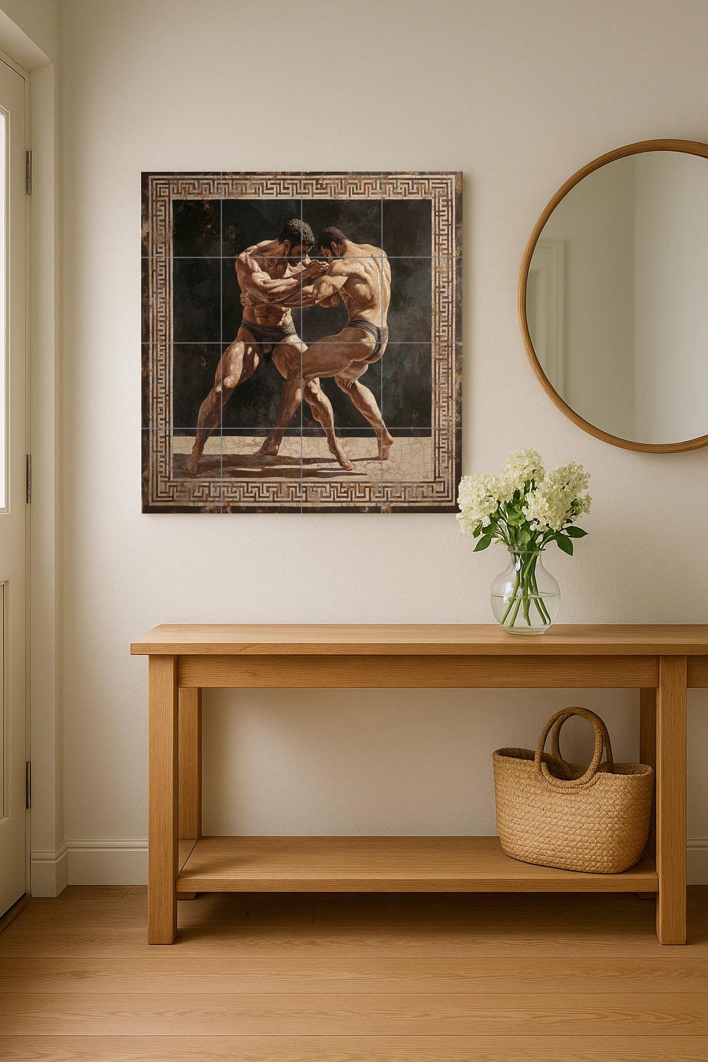 Ancient Greek wrestling ceramic mural: Classic athletic combat scene, mythical strength wall panel, heritage tile art with geometric border