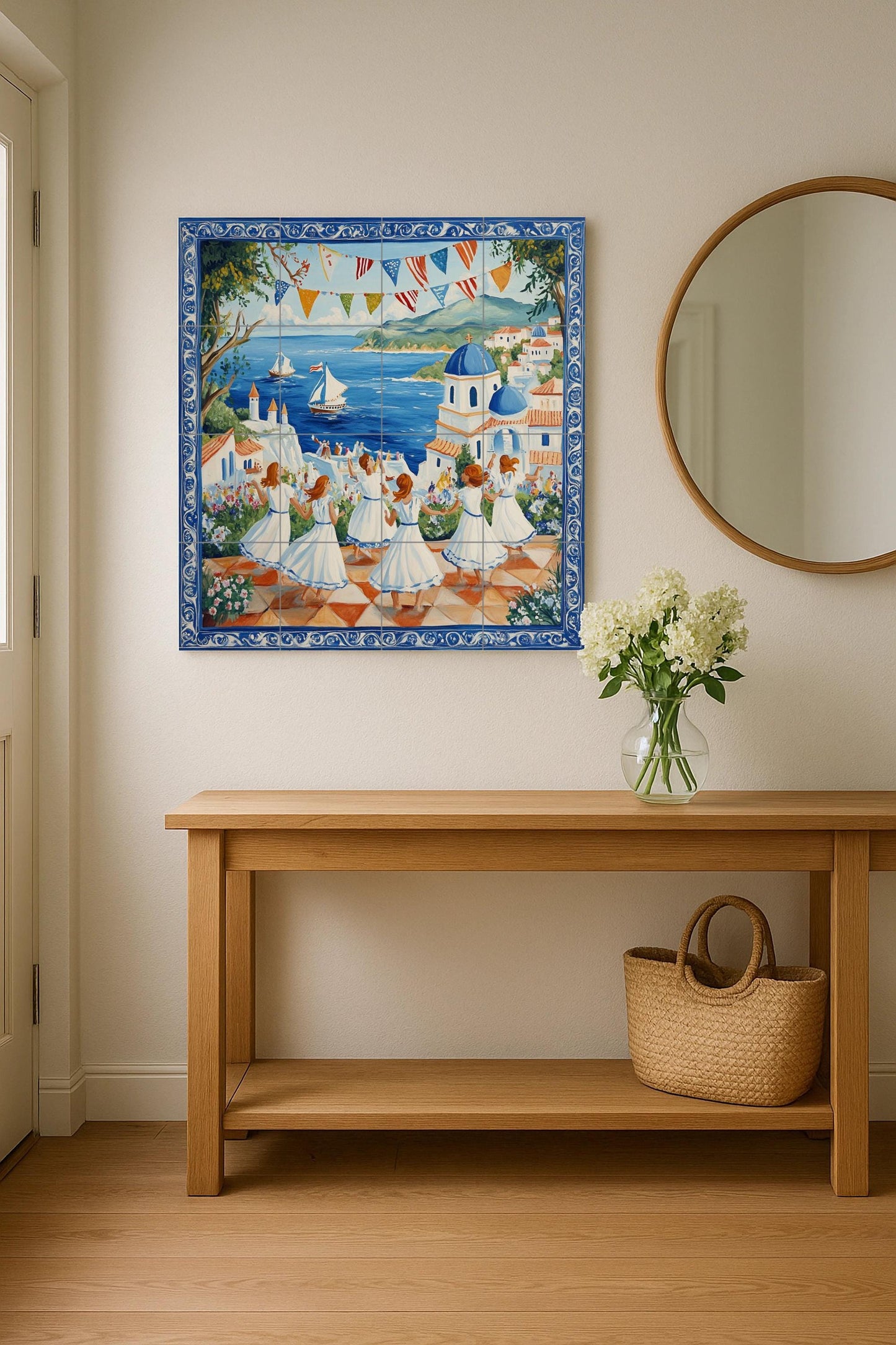 Ceramic mural of the Mediterranean Festival: Celebration in a coastal village with dancing women, blue domes and sailboats, handcrafted tile wall.