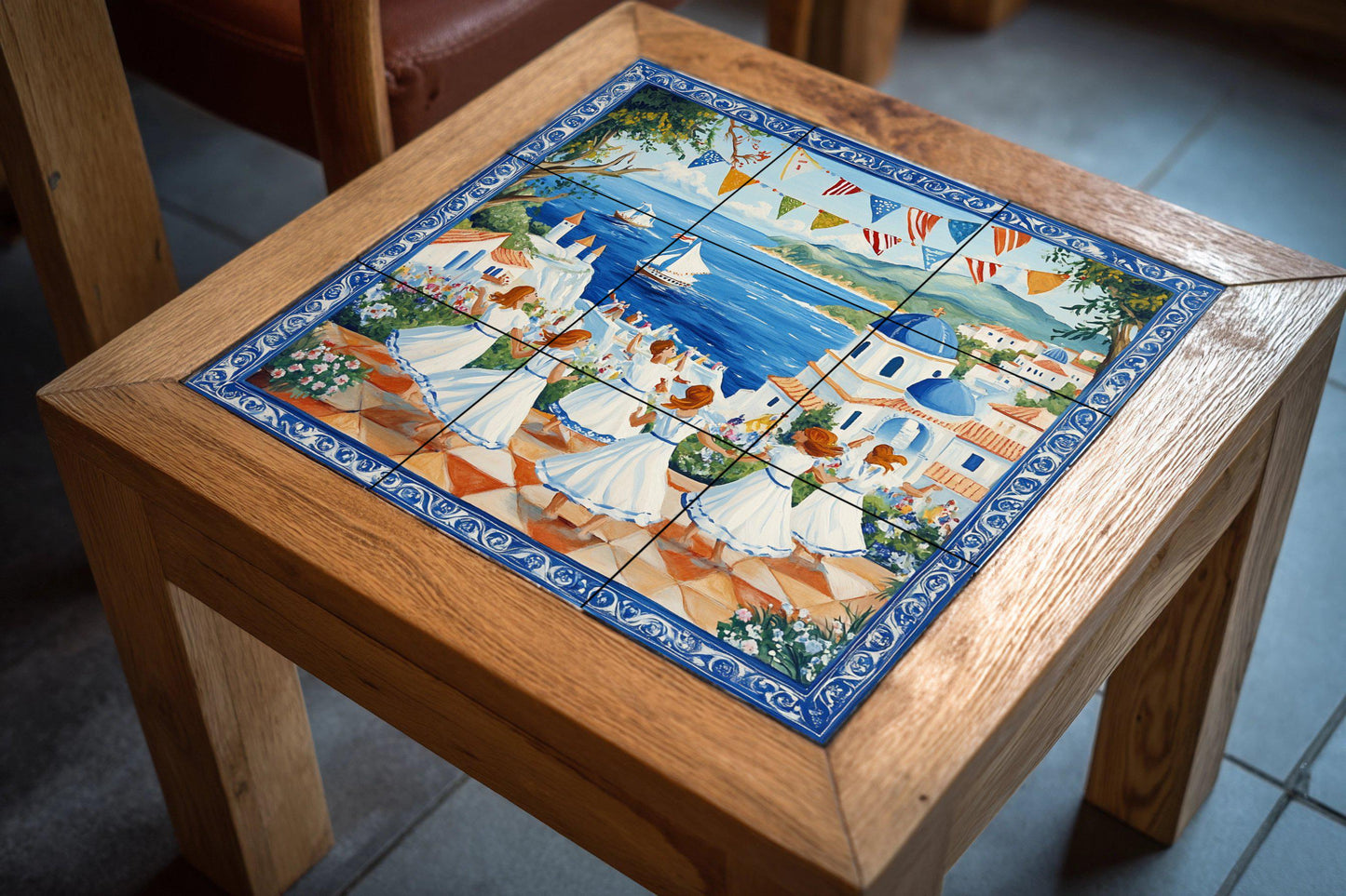 Ceramic mural of the Mediterranean Festival: Celebration in a coastal village with dancing women, blue domes and sailboats, handcrafted tile wall.