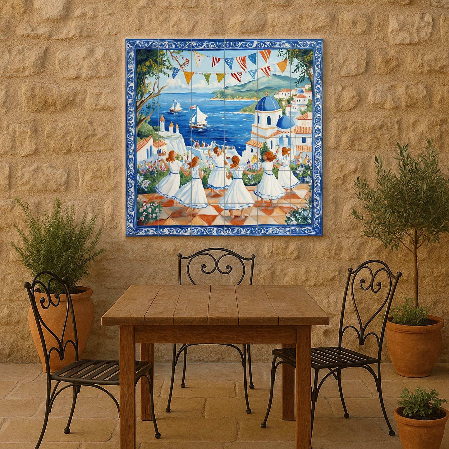 Ceramic mural of the Mediterranean Festival: Celebration in a coastal village with dancing women, blue domes and sailboats, handcrafted tile wall.