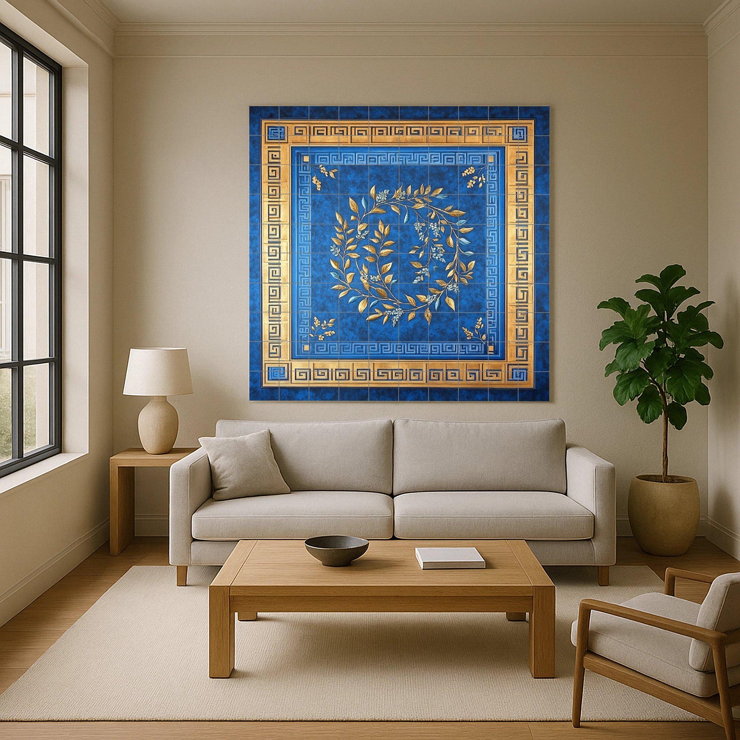Cobalt Blue and Gold Ceramic Mural: Ornamental Laurel Wreath with Greek Key Border, Classic Decorative Tile Wall Panel, Luxurious Design