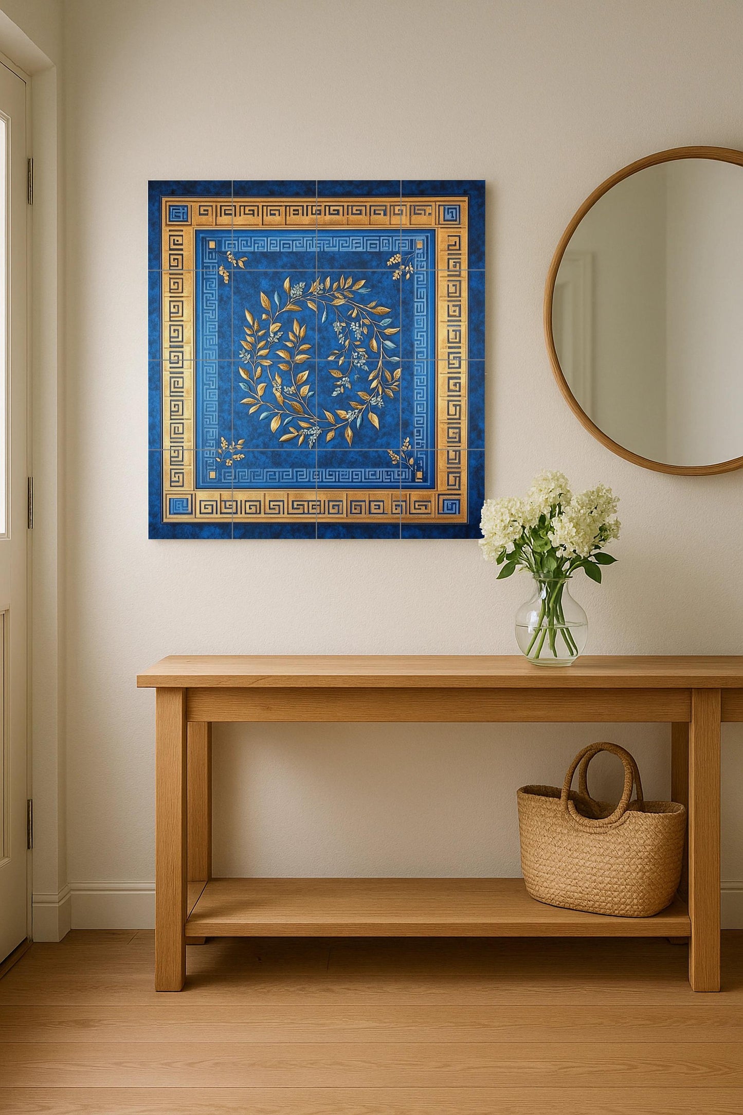 Cobalt Blue and Gold Ceramic Mural: Ornamental Laurel Wreath with Greek Key Border, Classic Decorative Tile Wall Panel, Luxurious Design