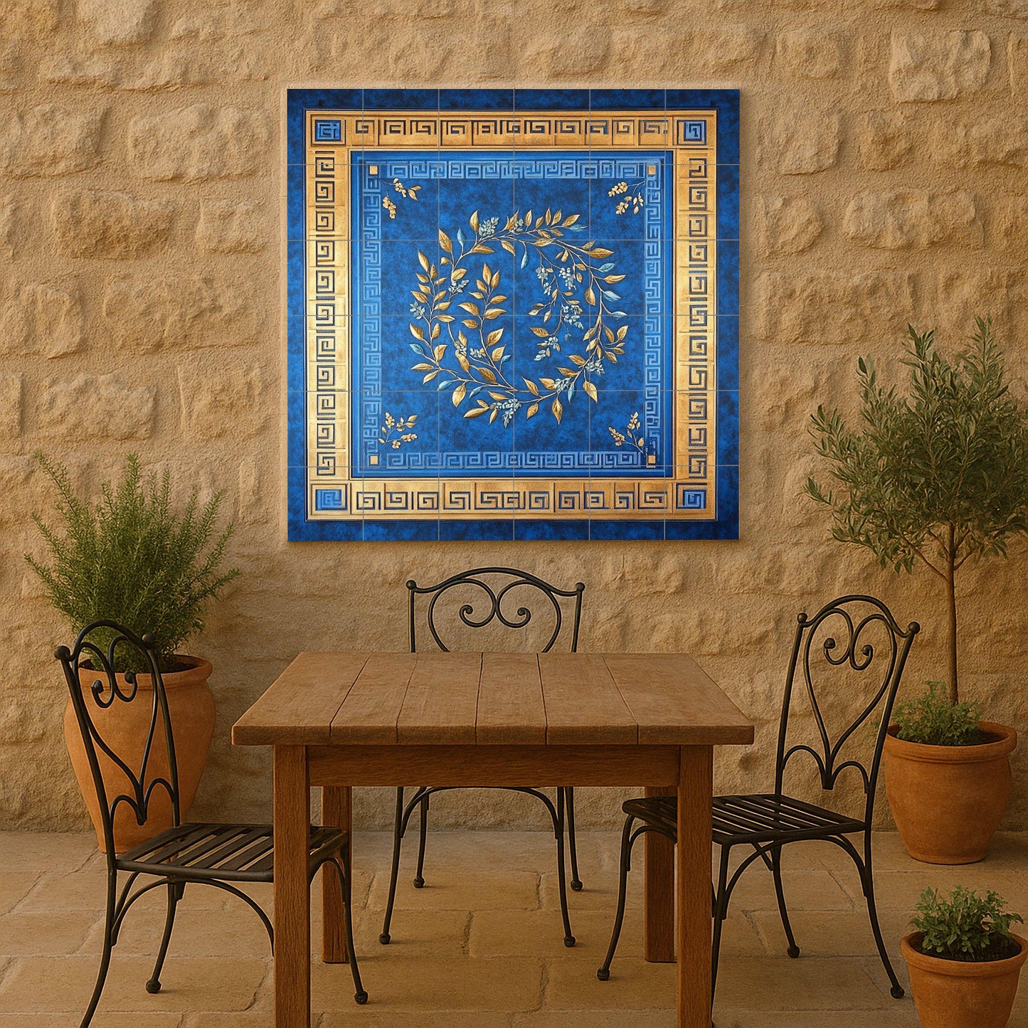 Cobalt Blue and Gold Ceramic Mural: Ornamental Laurel Wreath with Greek Key Border, Classic Decorative Tile Wall Panel, Luxurious Design