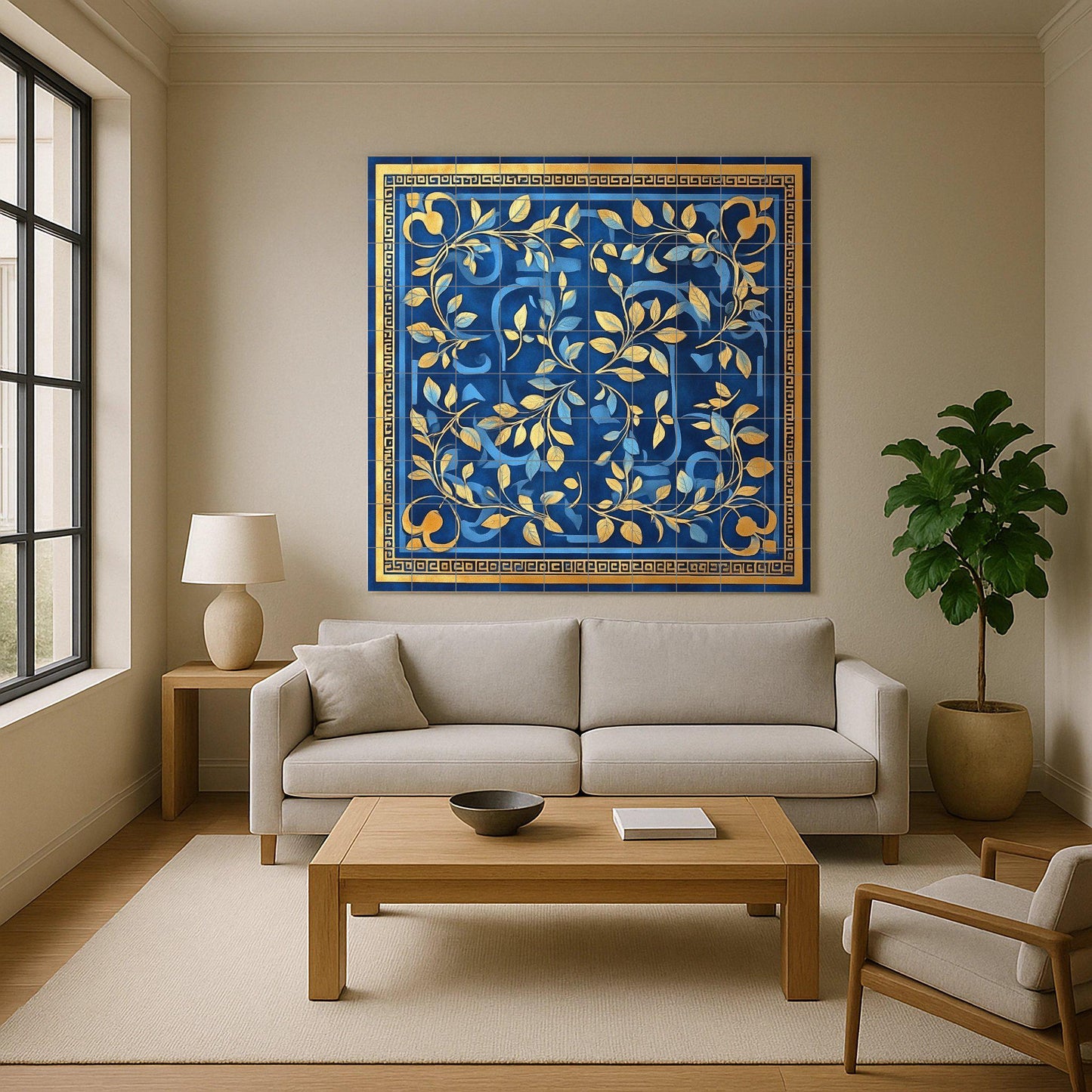 Ceramic mural of laurel and olive with Greek key: blue and gold decorative panel, classic Mediterranean art with tiles and elegant ornamental design.