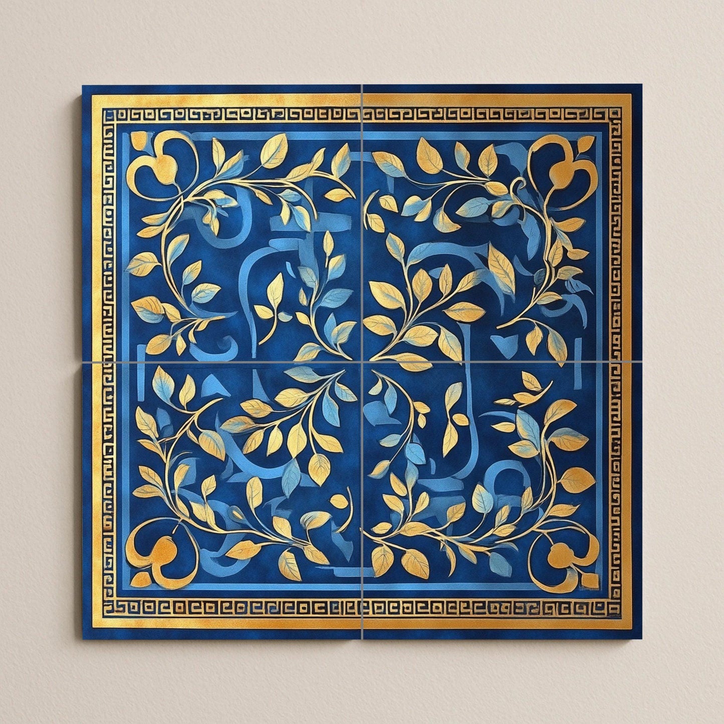 Ceramic mural of laurel and olive with Greek key: blue and gold decorative panel, classic Mediterranean art with tiles and elegant ornamental design.