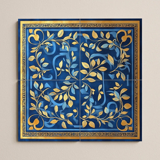 Ceramic mural of laurel and olive with Greek key: blue and gold decorative panel, classic Mediterranean art with tiles and elegant ornamental design.