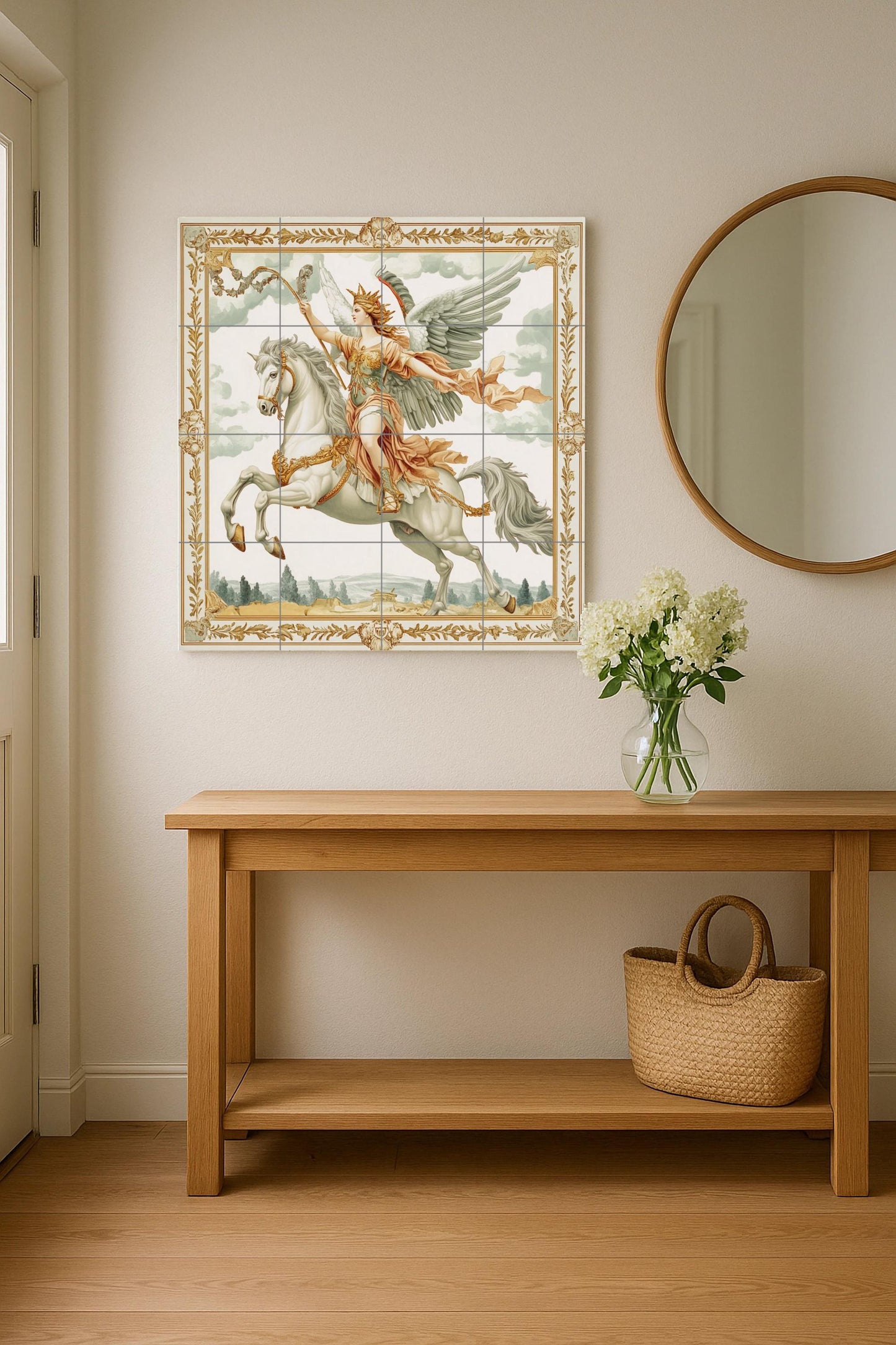 Majestic winged warrior on white horse: mythological ceramic mural, classic wall art, elegant decorative panel, a timeless statement for the home.