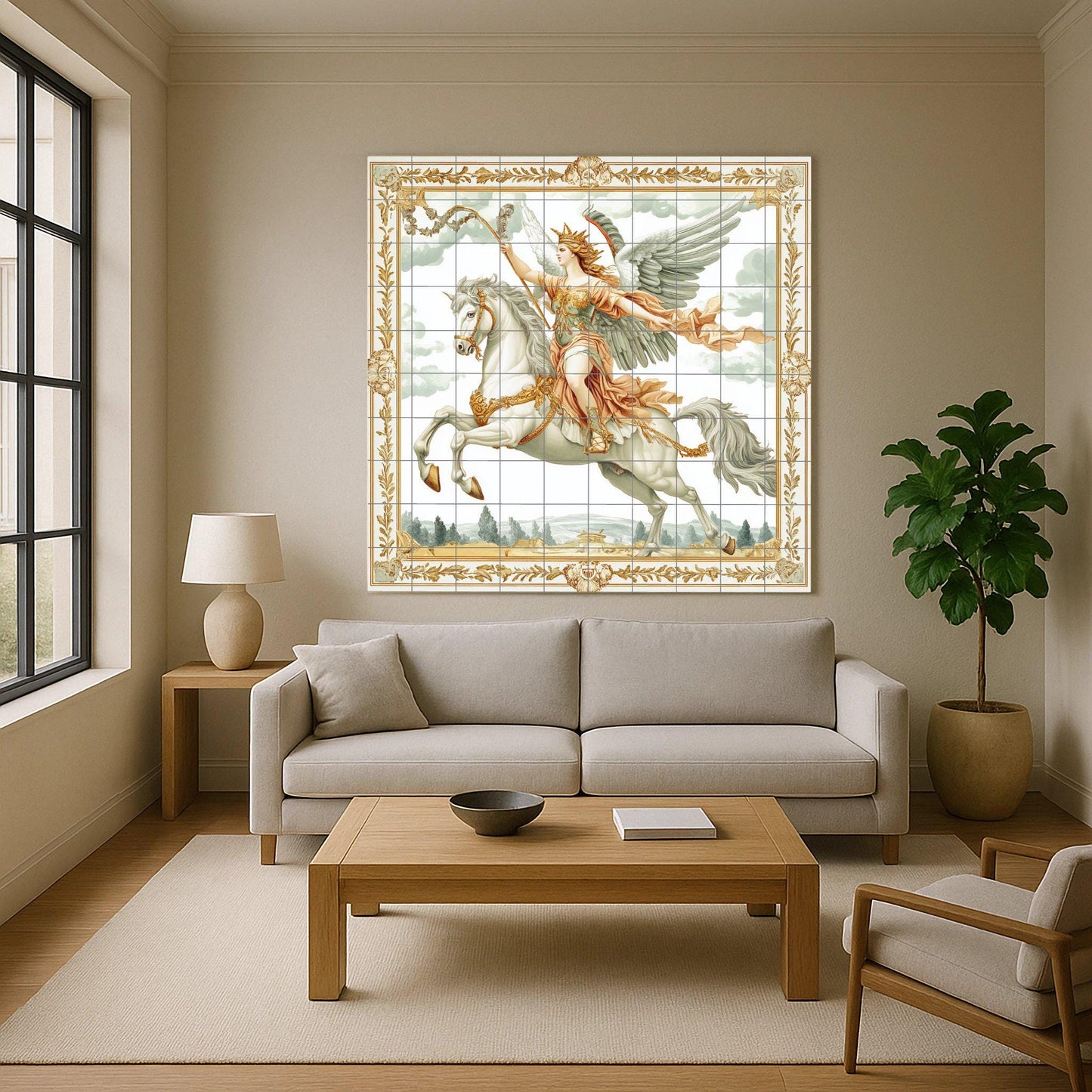 Majestic winged warrior on white horse: mythological ceramic mural, classic wall art, elegant decorative panel, a timeless statement for the home.