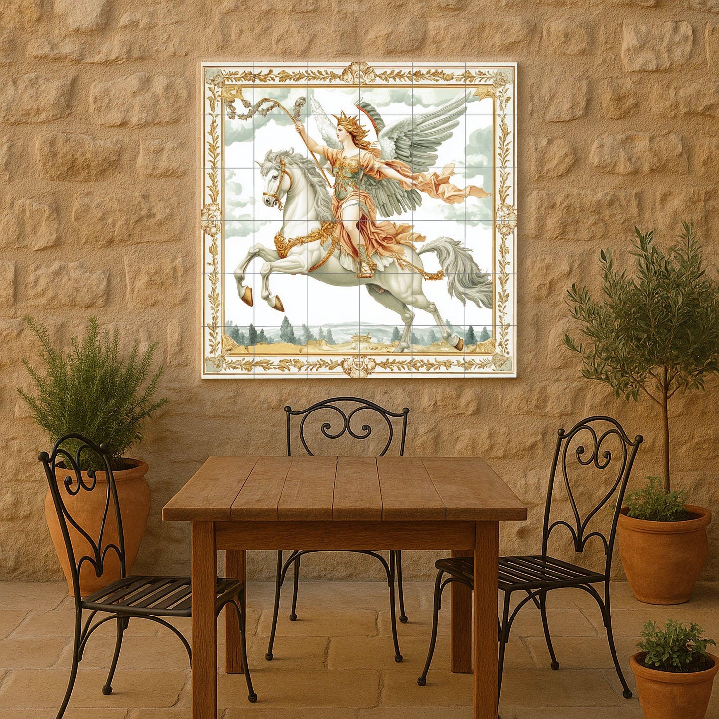 Majestic winged warrior on white horse: mythological ceramic mural, classic wall art, elegant decorative panel, a timeless statement for the home.