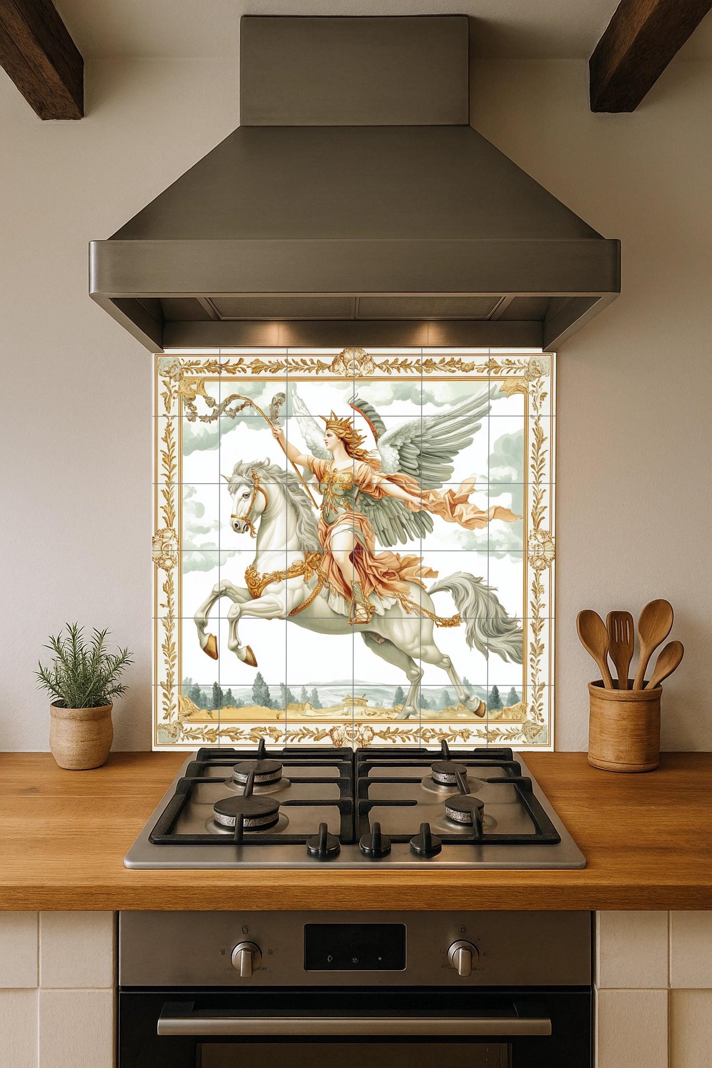 Majestic winged warrior on white horse: mythological ceramic mural, classic wall art, elegant decorative panel, a timeless statement for the home.