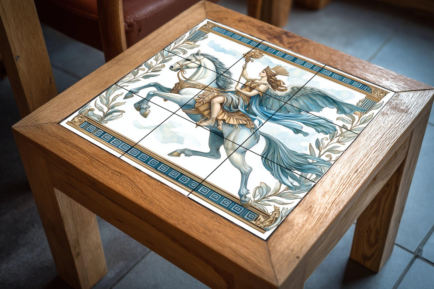 Ceramic mural of Valkyrie on Winged Horse: Decorative tile panel of warrior goddess from Norse mythology
