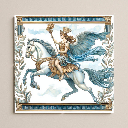 Ceramic mural of Valkyrie on Winged Horse: Decorative tile panel of warrior goddess from Norse mythology