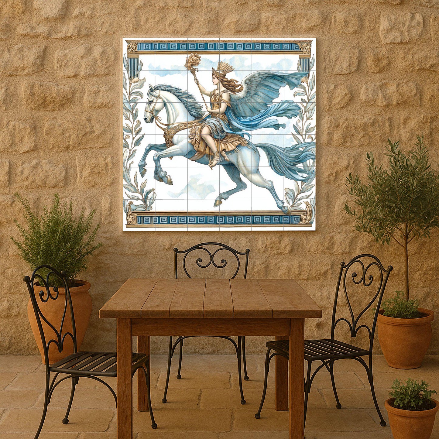 Ceramic mural of Valkyrie on Winged Horse: Decorative tile panel of warrior goddess from Norse mythology