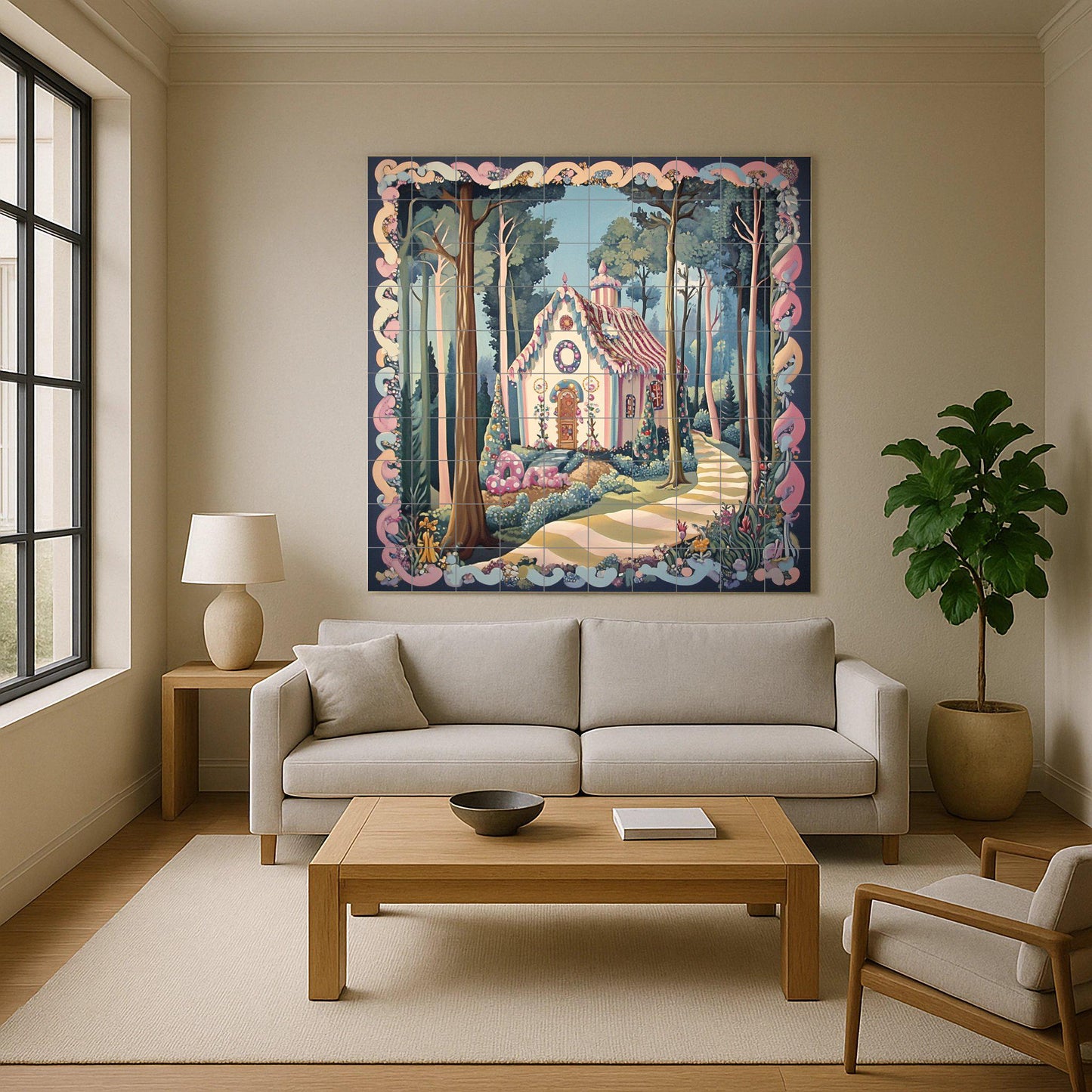 Hansel and Gretel ceramic mural: Enchanted candy cottage in the forest, fairy tale decorative tile panel