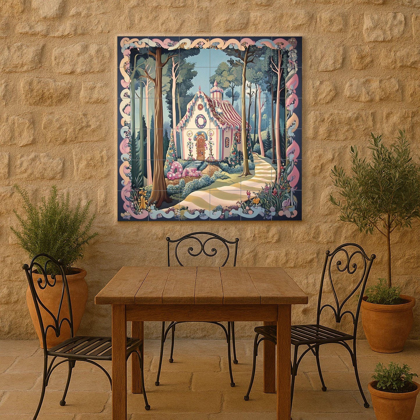 Hansel and Gretel ceramic mural: Enchanted candy cottage in the forest, fairy tale decorative tile panel