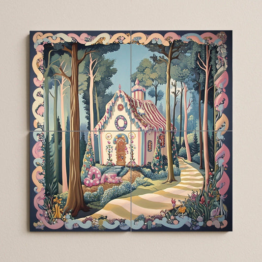 Hansel and Gretel ceramic mural: Enchanted candy cottage in the forest, fairy tale decorative tile panel