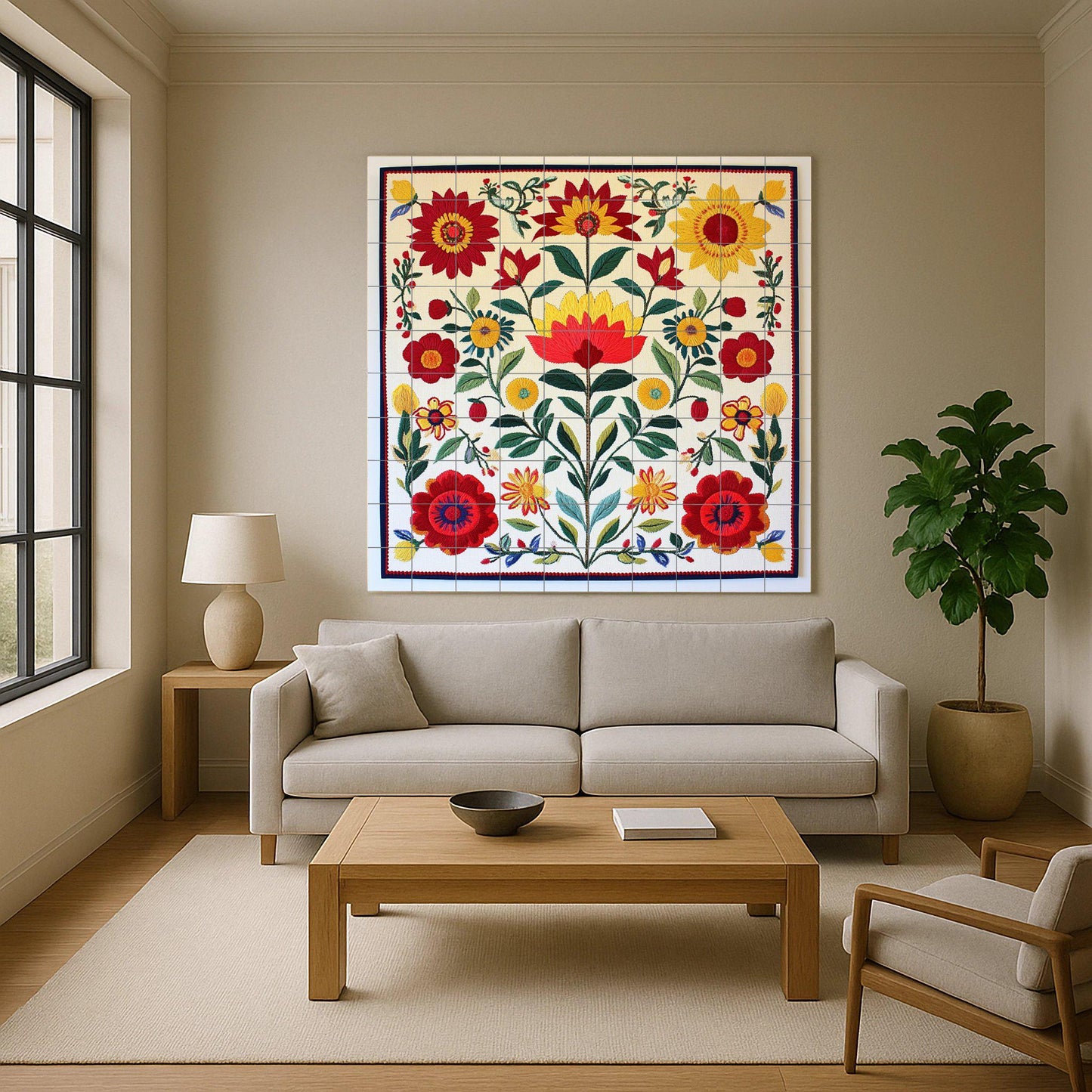 Hungarian folk ceramic mural: floral tile artwork inspired by Kalocsa embroidery with colorful flowers and traditional decorative elegance.