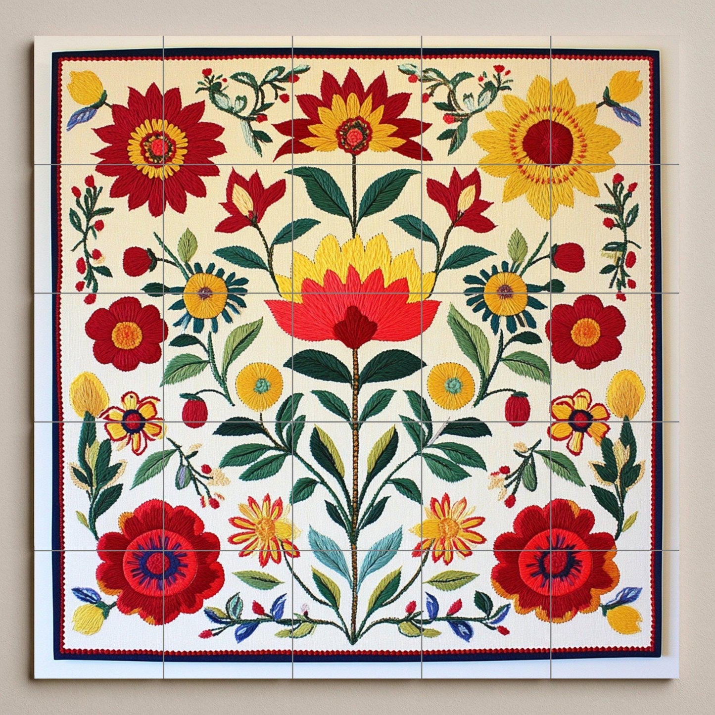 Hungarian folk ceramic mural: floral tile artwork inspired by Kalocsa embroidery with colorful flowers and traditional decorative elegance.