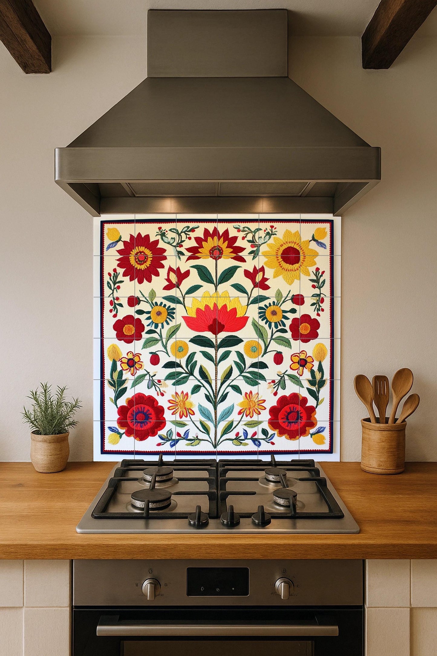 Hungarian folk ceramic mural: floral tile artwork inspired by Kalocsa embroidery with colorful flowers and traditional decorative elegance.
