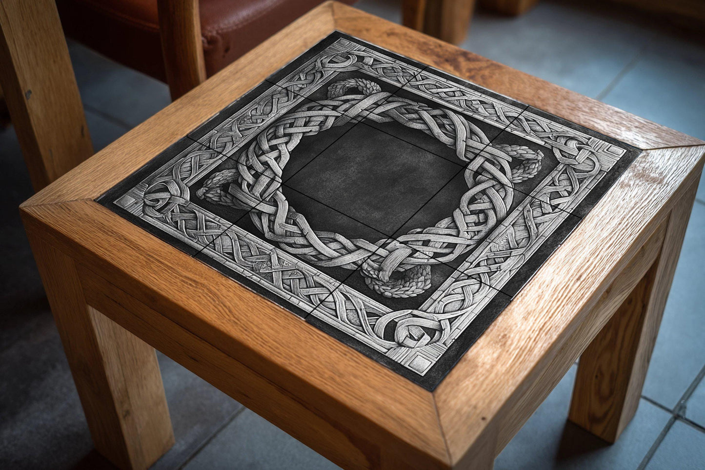 Nordic stonework ceramic mural: artwork with Viking knot border, Nordic weaving motifs and medieval architectural elegance.
