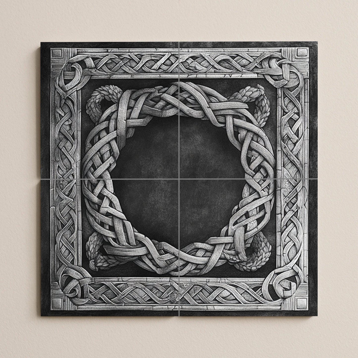 Nordic stonework ceramic mural: artwork with Viking knot border, Nordic weaving motifs and medieval architectural elegance.