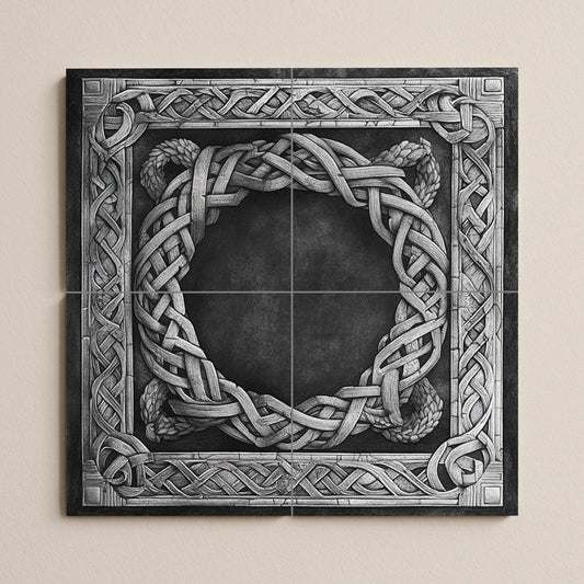 Nordic stonework ceramic mural: artwork with Viking knot border, Nordic weaving motifs and medieval architectural elegance.