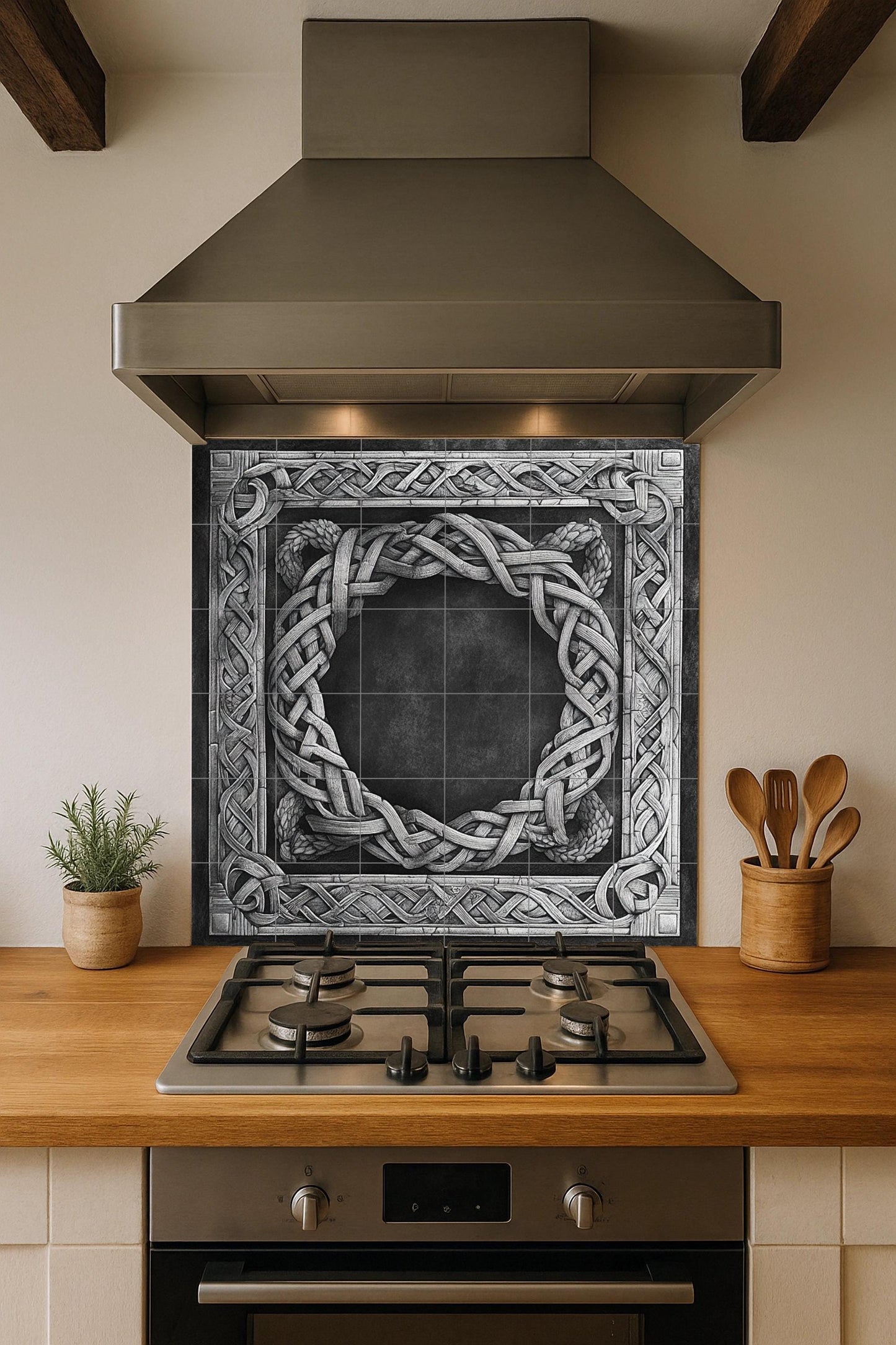 Nordic stonework ceramic mural: artwork with Viking knot border, Nordic weaving motifs and medieval architectural elegance.