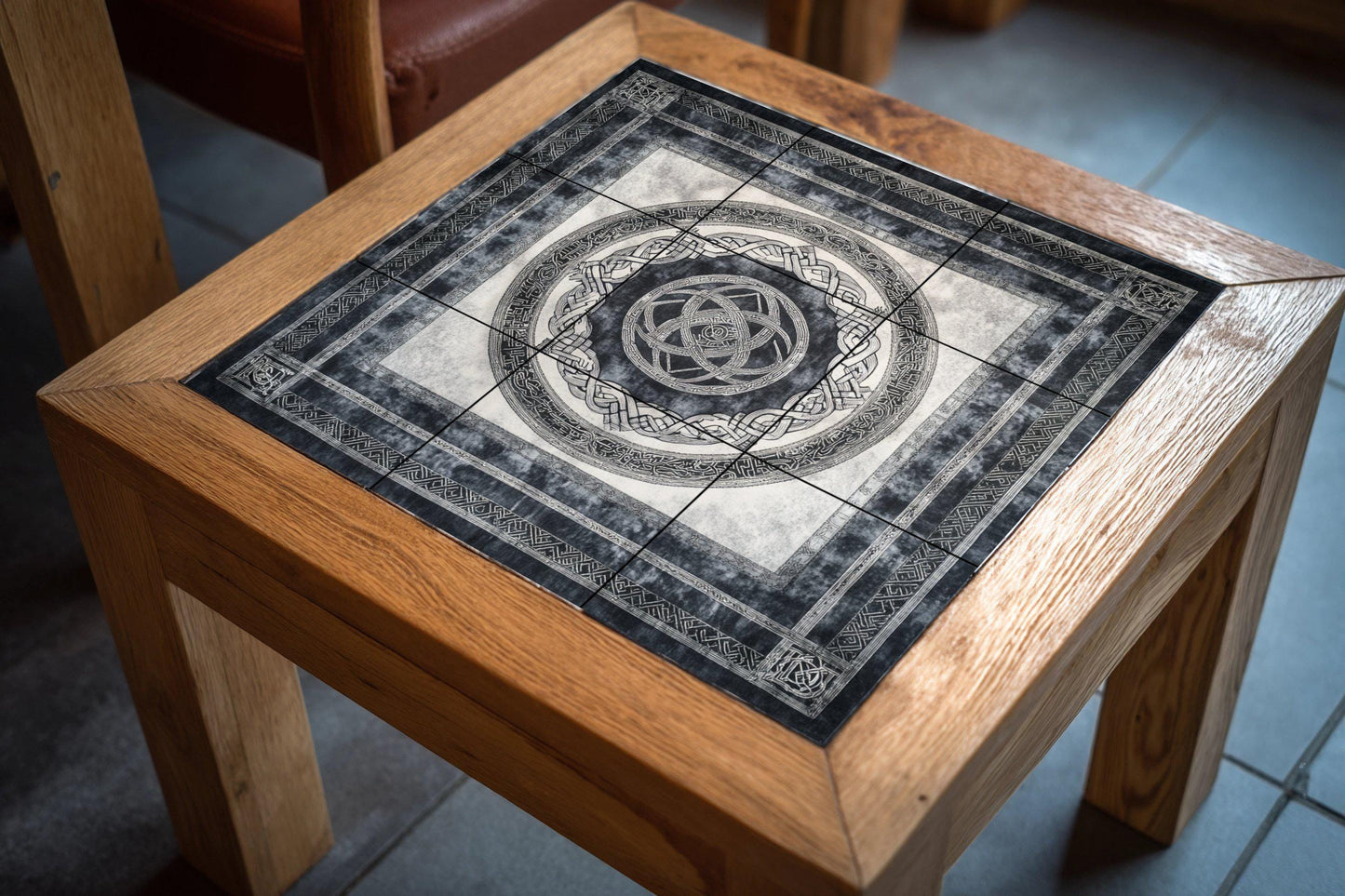 Icelandic Viking ceramic mural: artwork featuring Nordic knots and runic tiles with Nordic ring borders, Scandinavian heritage design.