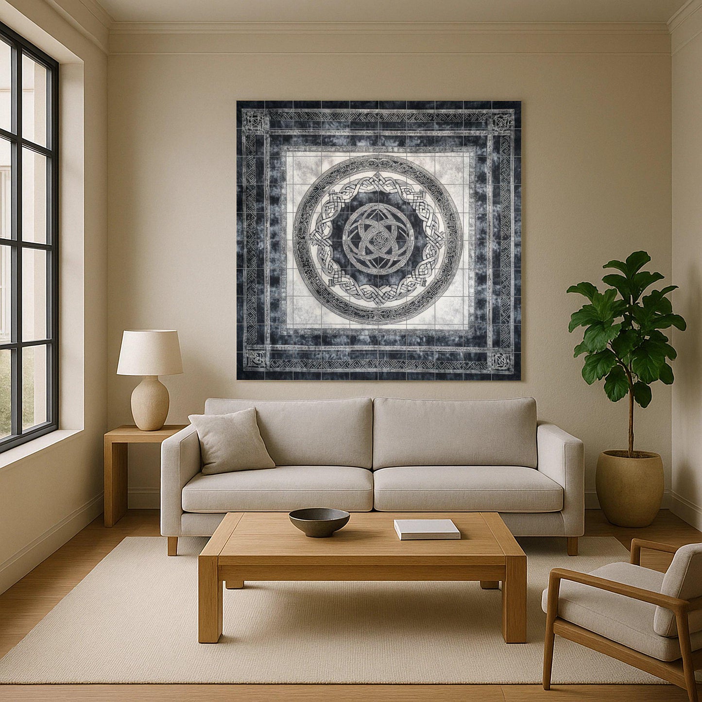 Icelandic Viking ceramic mural: artwork featuring Nordic knots and runic tiles with Nordic ring borders, Scandinavian heritage design.