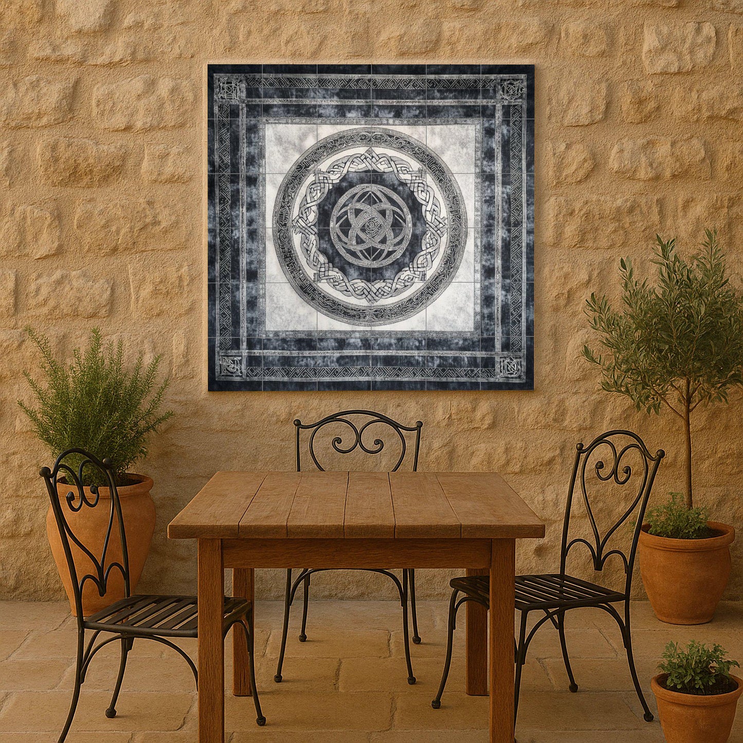 Icelandic Viking ceramic mural: artwork featuring Nordic knots and runic tiles with Nordic ring borders, Scandinavian heritage design.