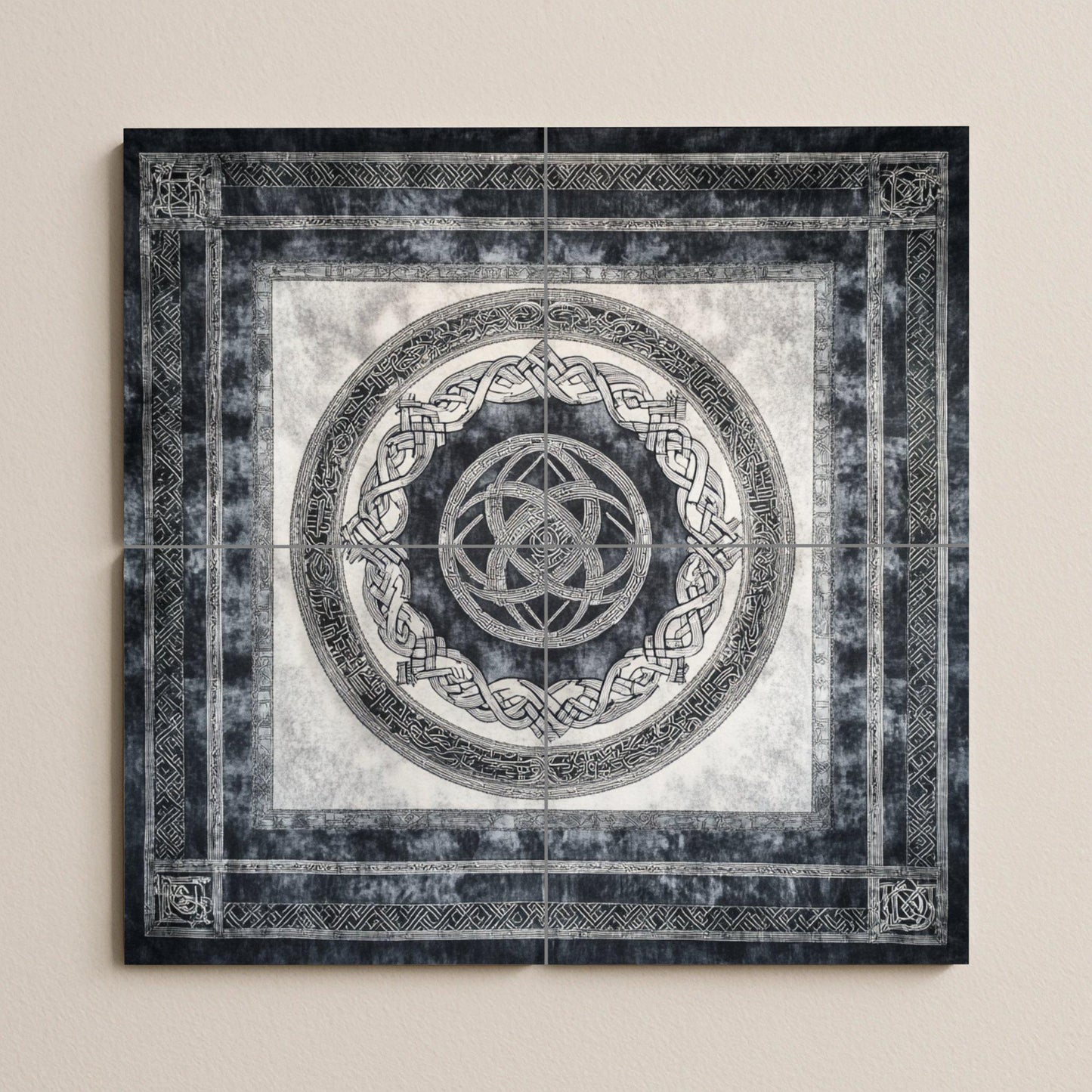 Icelandic Viking ceramic mural: artwork featuring Nordic knots and runic tiles with Nordic ring borders, Scandinavian heritage design.