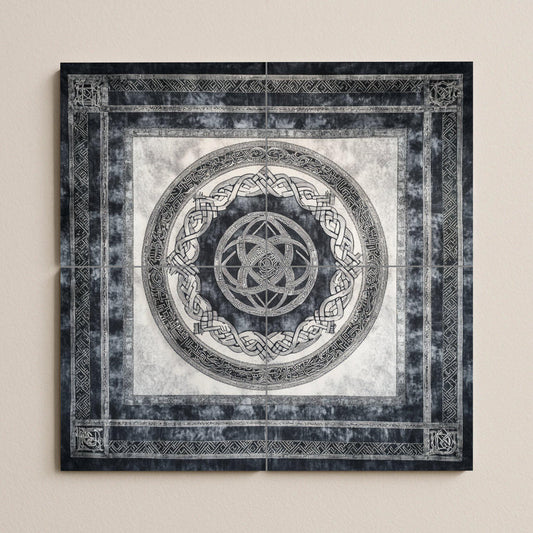 Icelandic Viking ceramic mural: artwork featuring Nordic knots and runic tiles with Nordic ring borders, Scandinavian heritage design.