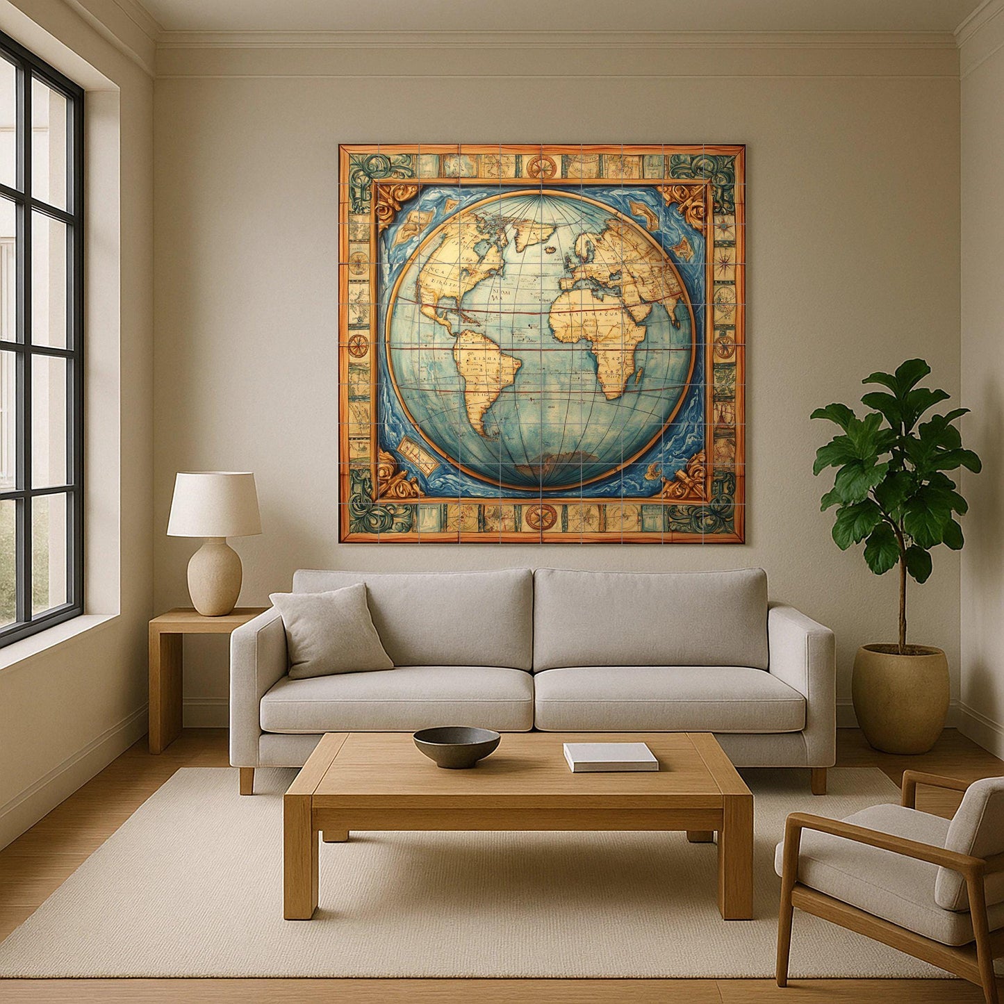 Ceramic mural with world map: artwork with antique globe, nautical borders, cartographic Renaissance style and geographical elegance.