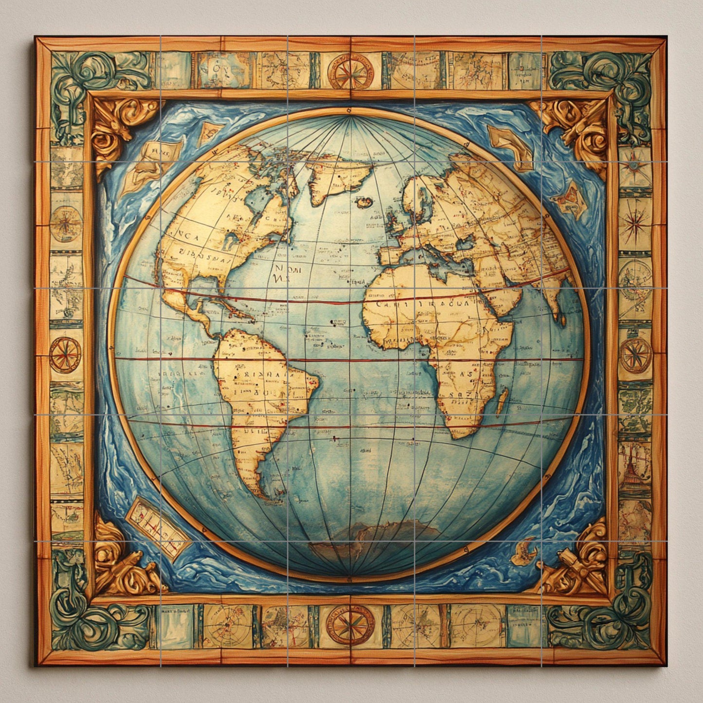 Ceramic mural with world map: artwork with antique globe, nautical borders, cartographic Renaissance style and geographical elegance.