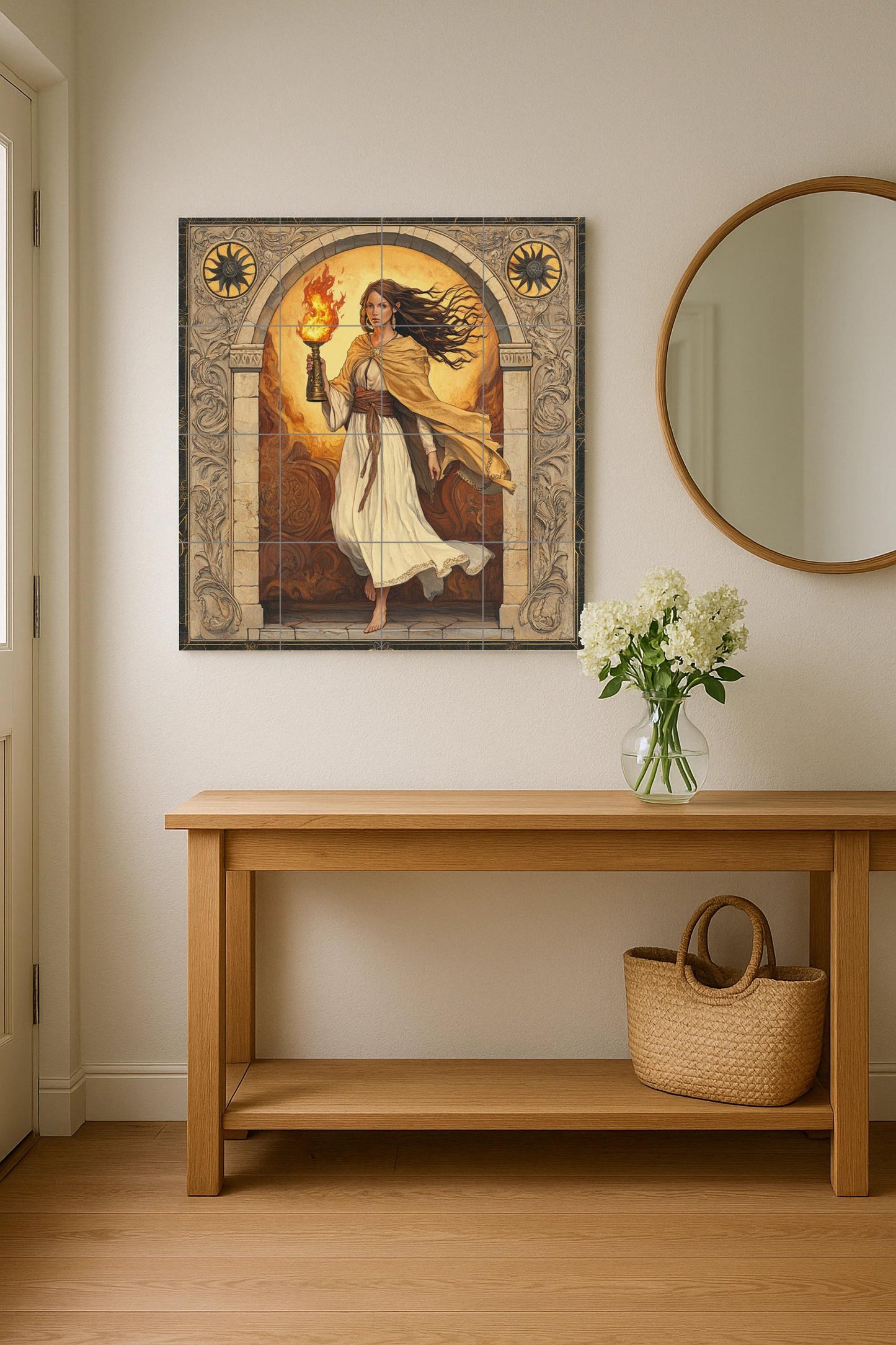 Classic ceramic mural: Woman with flame under a stone arch, of Greco-Roman inspiration, with Baroque border, artwork with tiles of mythical European elegance.