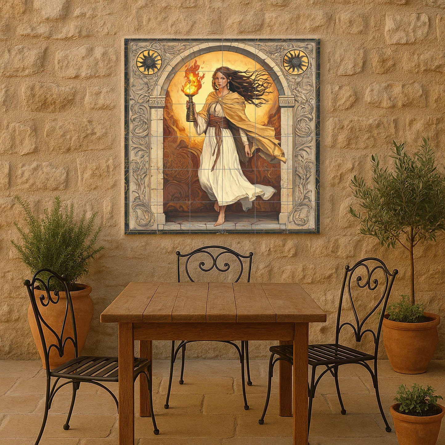 Classic ceramic mural: Woman with flame under a stone arch, of Greco-Roman inspiration, with Baroque border, artwork with tiles of mythical European elegance.