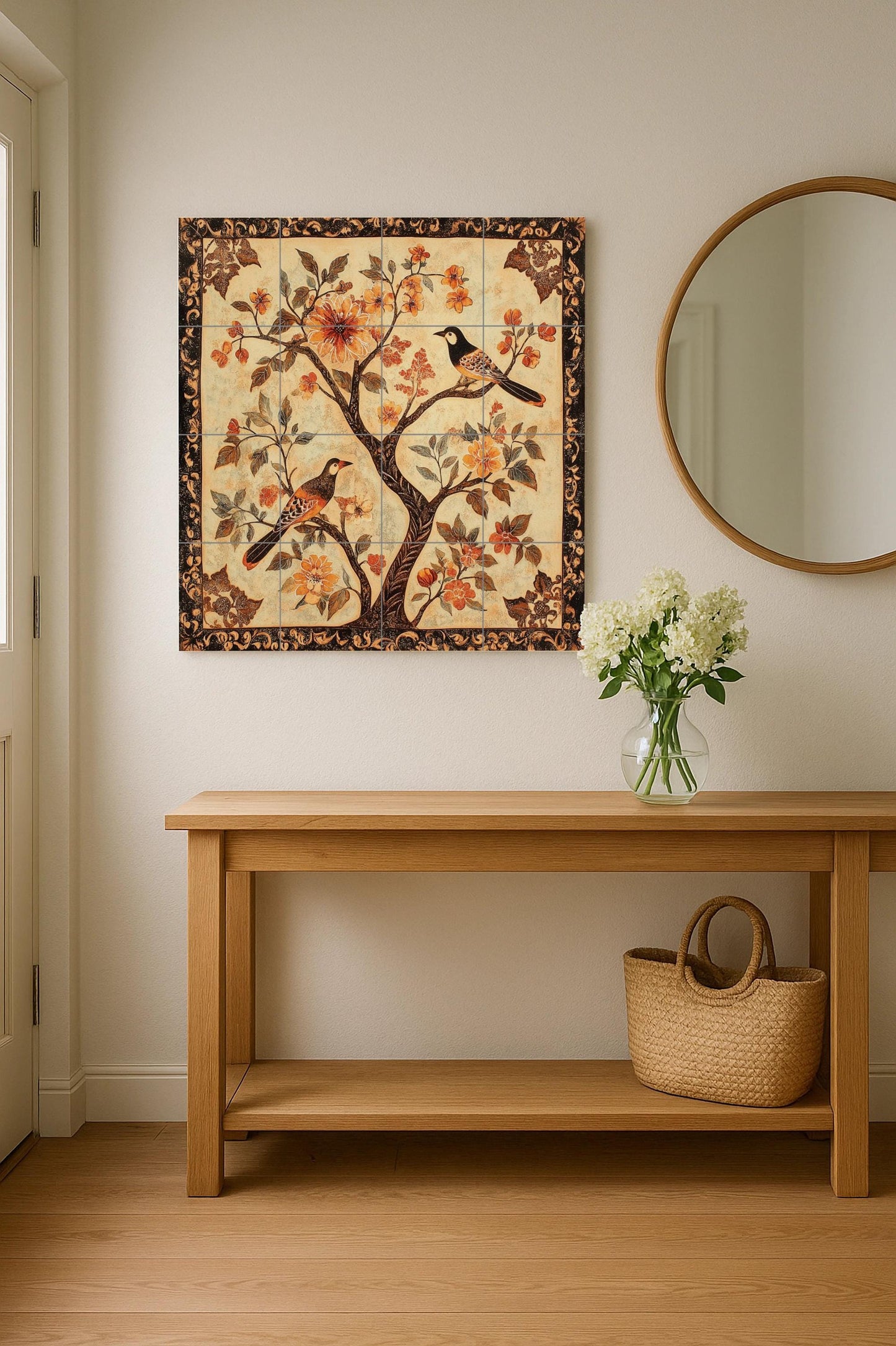 Chinese ceramic mural: artwork with birds and flowers tiles from the Song Dynasty, with the elegance of the Suzhou garden, Tang decorative borders and oriental harmony.