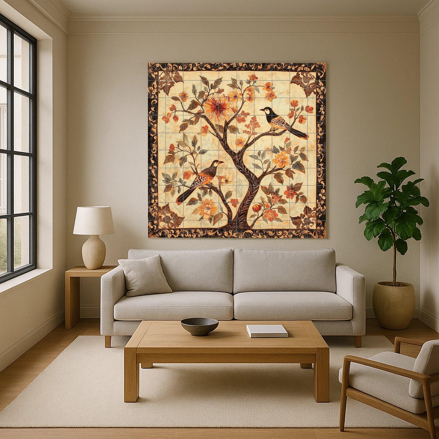 Chinese ceramic mural: artwork with birds and flowers tiles from the Song Dynasty, with the elegance of the Suzhou garden, Tang decorative borders and oriental harmony.