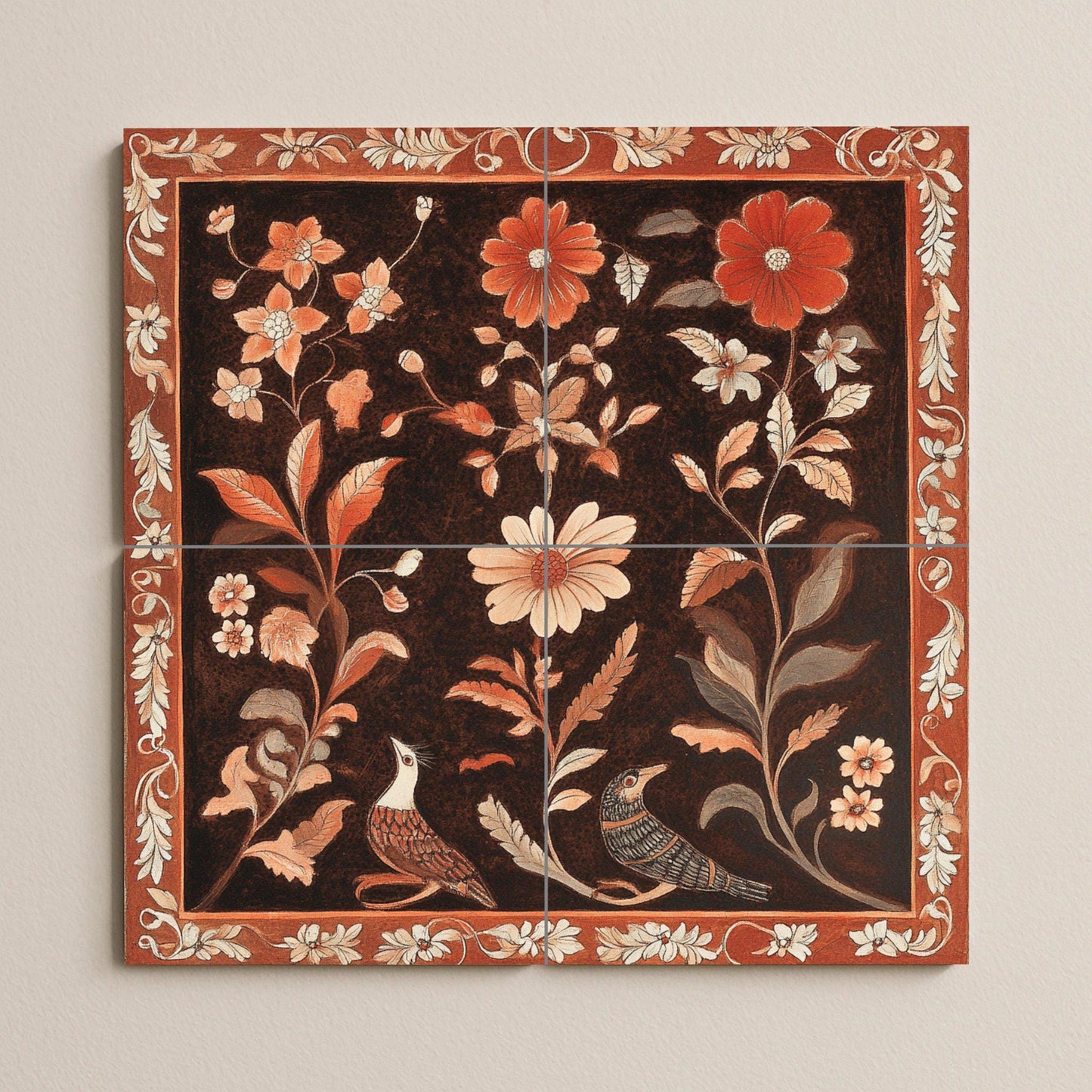 Floral terracotta ceramic mural: artwork with bird and flower tiles, ornamental frame, warm red tones and elegant decoration.