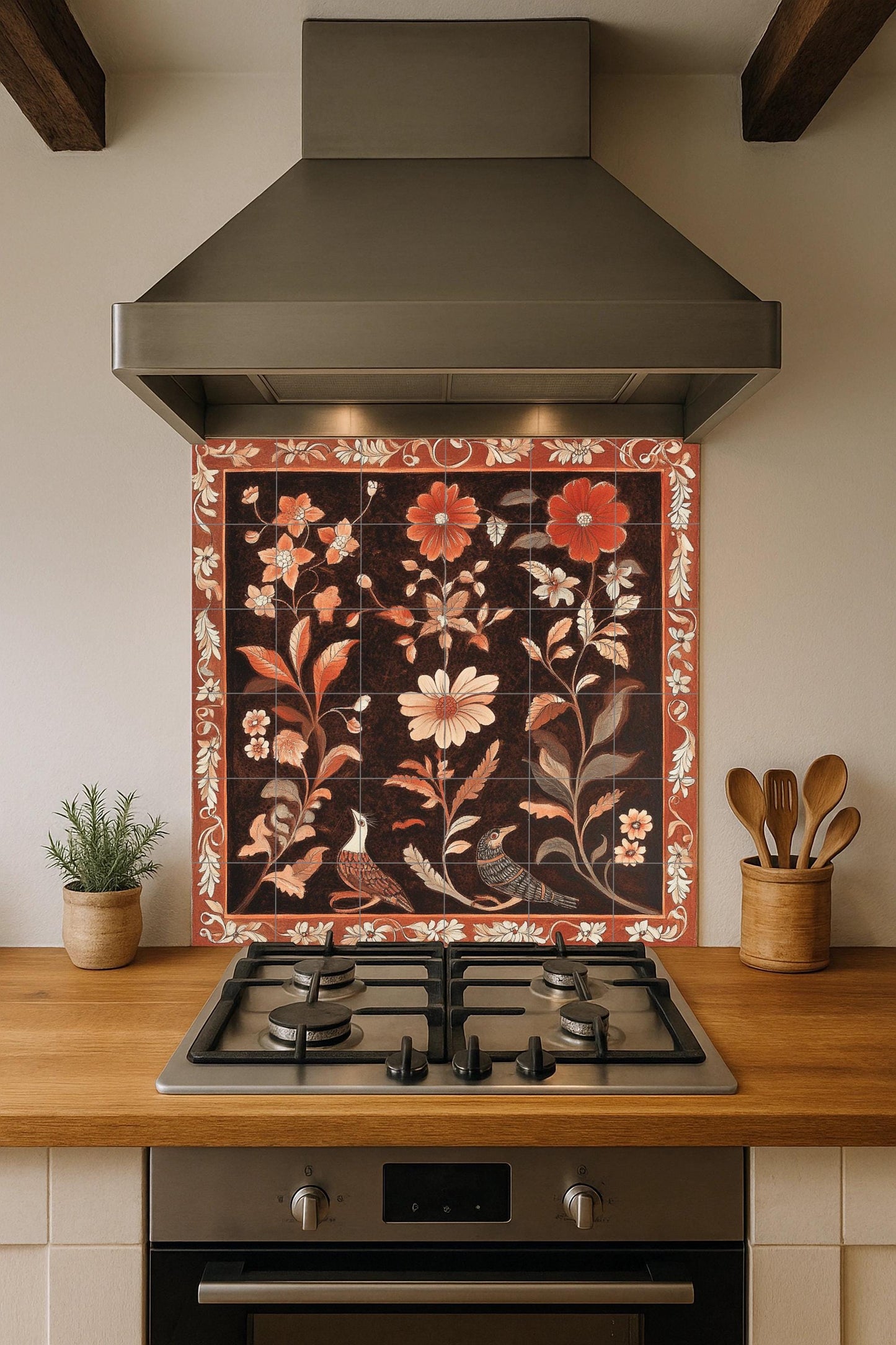 Floral terracotta ceramic mural: artwork with bird and flower tiles, ornamental frame, warm red tones and elegant decoration.
