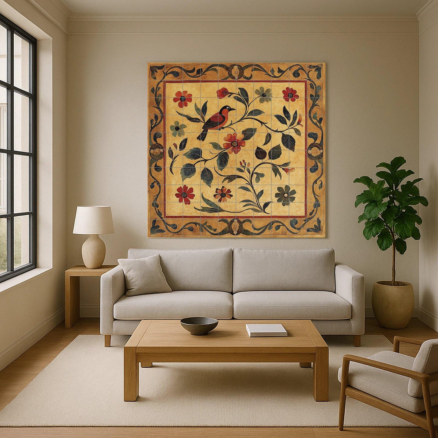 Golden ceramic mural: handcrafted artwork with floral and bird motifs, ornamental frame, warm earth tones and decorative elegance.