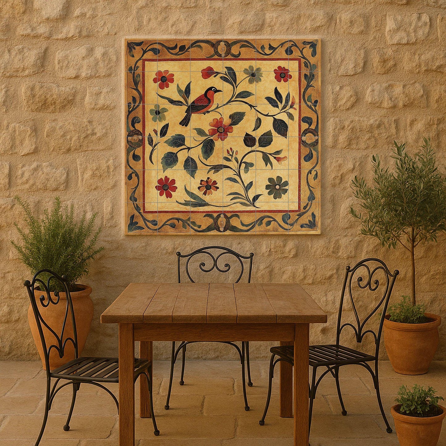 Golden ceramic mural: handcrafted artwork with floral and bird motifs, ornamental frame, warm earth tones and decorative elegance.