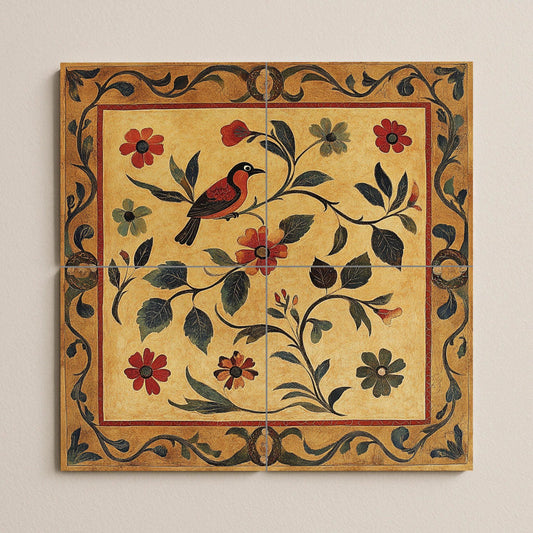 Golden ceramic mural: handcrafted artwork with floral and bird motifs, ornamental frame, warm earth tones and decorative elegance.